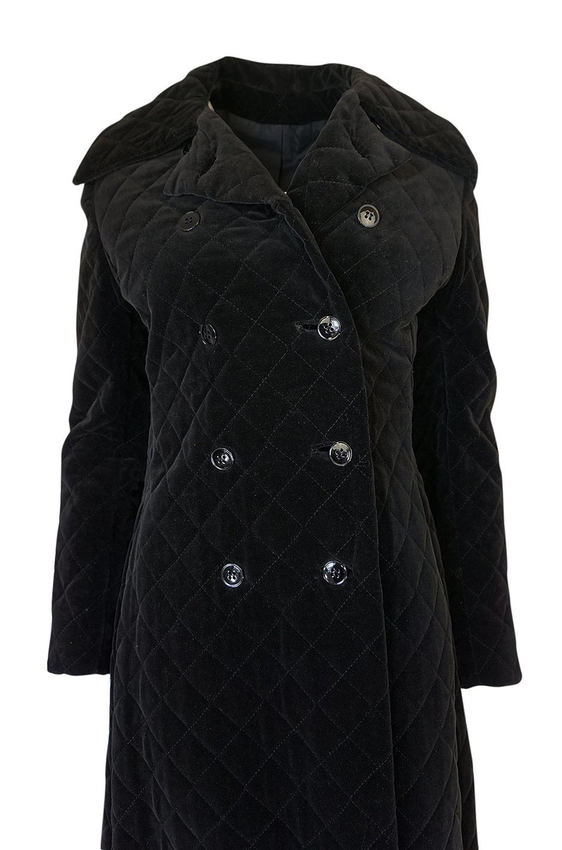 1960s Unlabeled Inky Black Velvet Crossed Stitched Quilted Great Coat