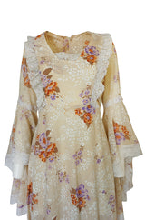 1970s Printed Angel Sleeve Floral Print Cotton Dress
