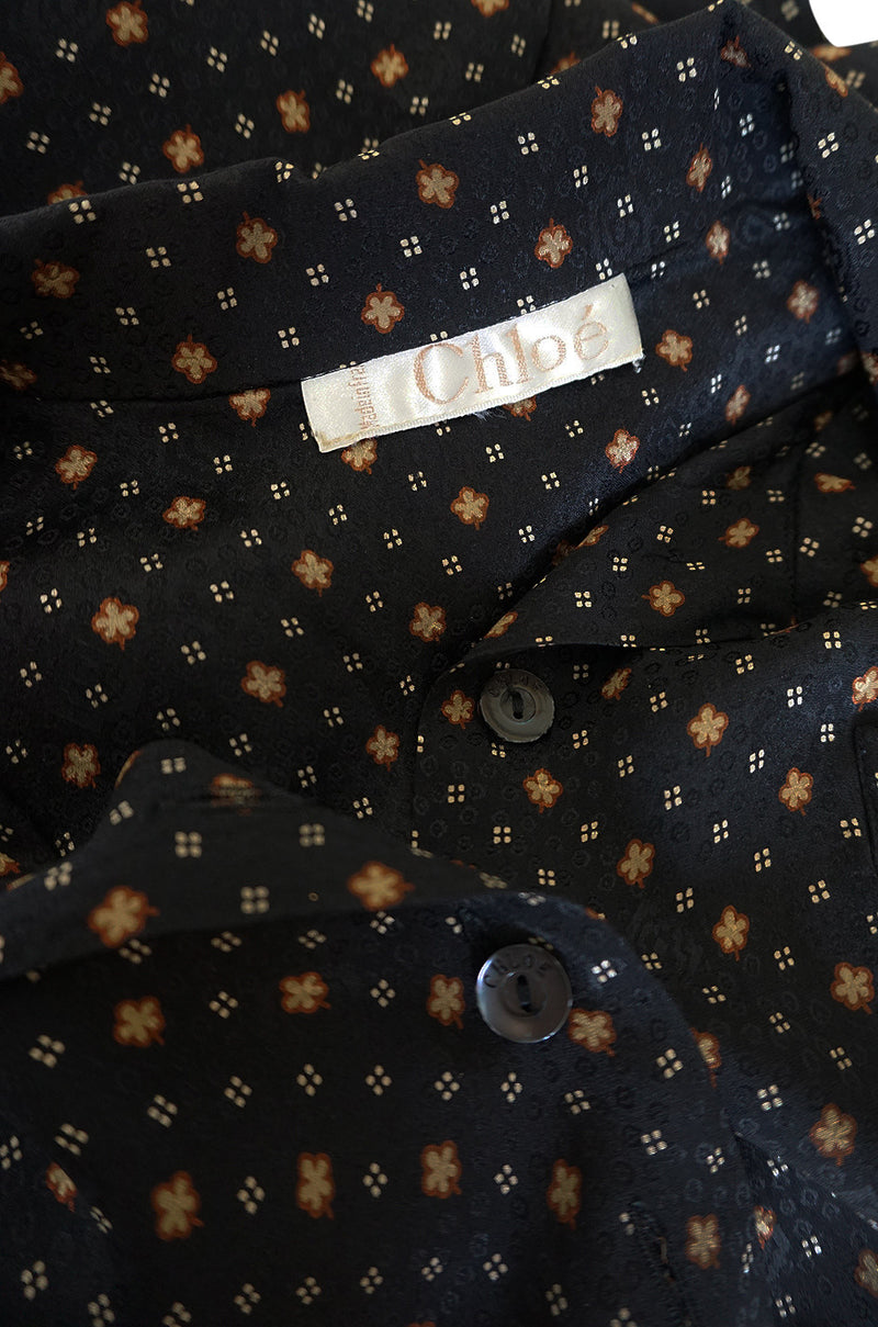 Gorgeous 1970s Print Chloe Black Silk Cuffed Top