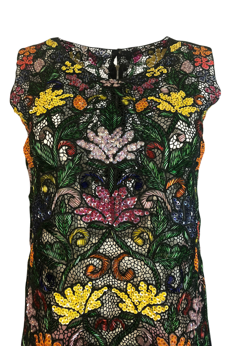 1960s Unlabeled Hand Made & Beaded and Sequin Netted Cord Dress