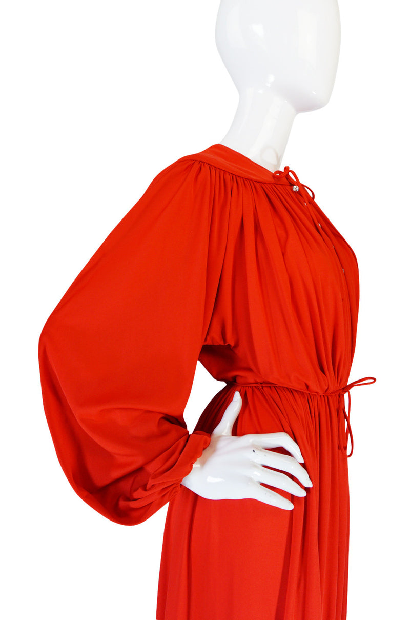 1970s Donald Brooks Red Jersey Crystal Button Dress