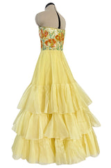 Spring 1977 Jean Louis Scherrer Haute Couture Strapless Floral Sequin Silk Dress w Matching Silk Cape