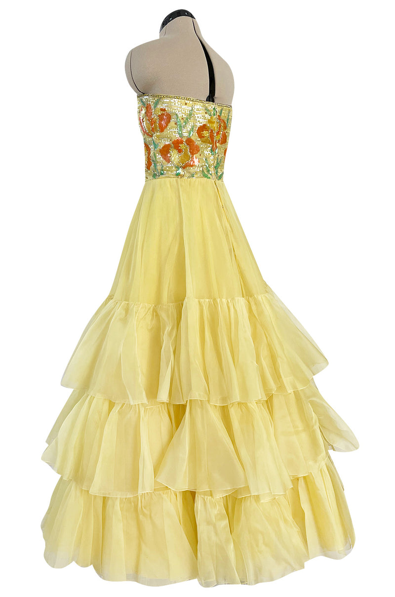 Spring 1977 Jean Louis Scherrer Haute Couture Strapless Floral Sequin Silk Dress w Matching Silk Cape