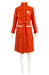 Iconic 1960s Andres Courreges Vivid Orange  & White Vinyl Coat or Dress w Original Belt