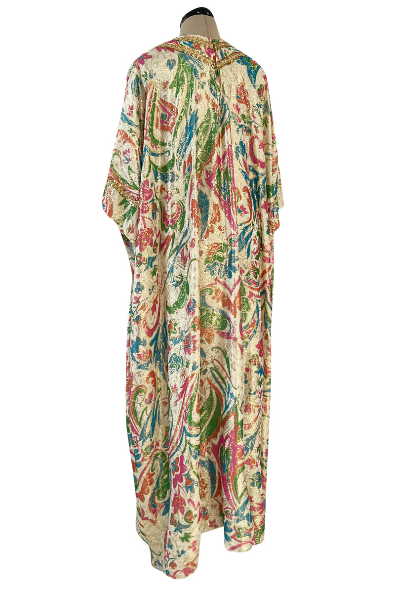 Gorgeous 1960s Lucie Ann Beverly Hills Gold Thread Lame Caftan w Sequin Detailing