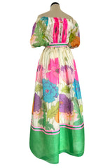 Prettiest 1970s Victoria Royal Off Shoulder Silk Gazaar Floral Print Dress w Ribbon Belt