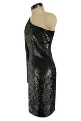 Early 2000s John Anthony Couture One Shoulder & Sleeve Densely Sequinned Glossy Black Dress