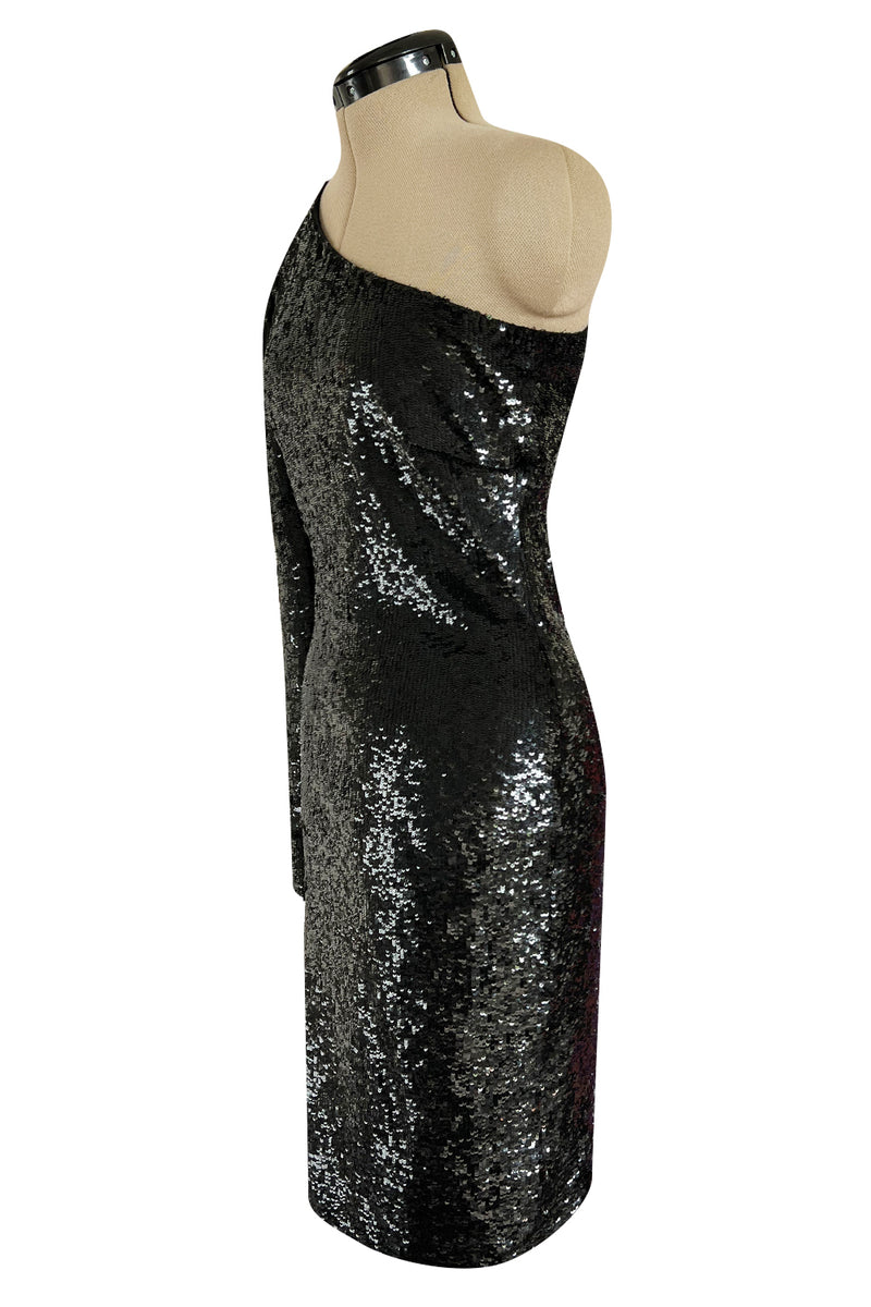 Early 2000s John Anthony Couture One Shoulder & Sleeve Densely Sequinned Glossy Black Dress