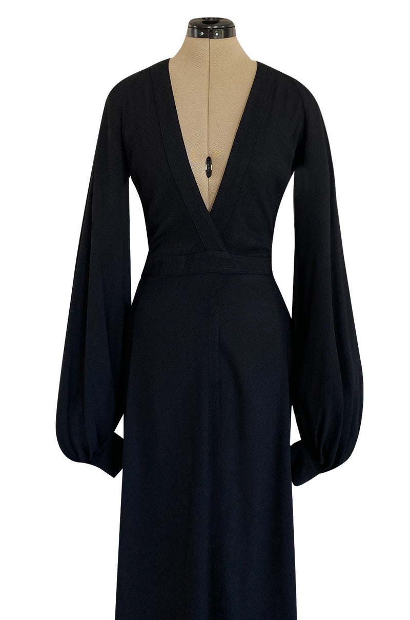 Iconic 1972 Ossie Clark Couture Black Moss Crepe Open Back Wrapped Dress w Bishop Sleeves