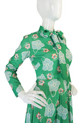 1970s Apple Green Print Washable Jersey Secretary Dress