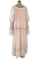 1976 Bill Gibb Couture Pleated Silk Chiffon Skirt w Metallic Thread Embroidered Silk Net Coat