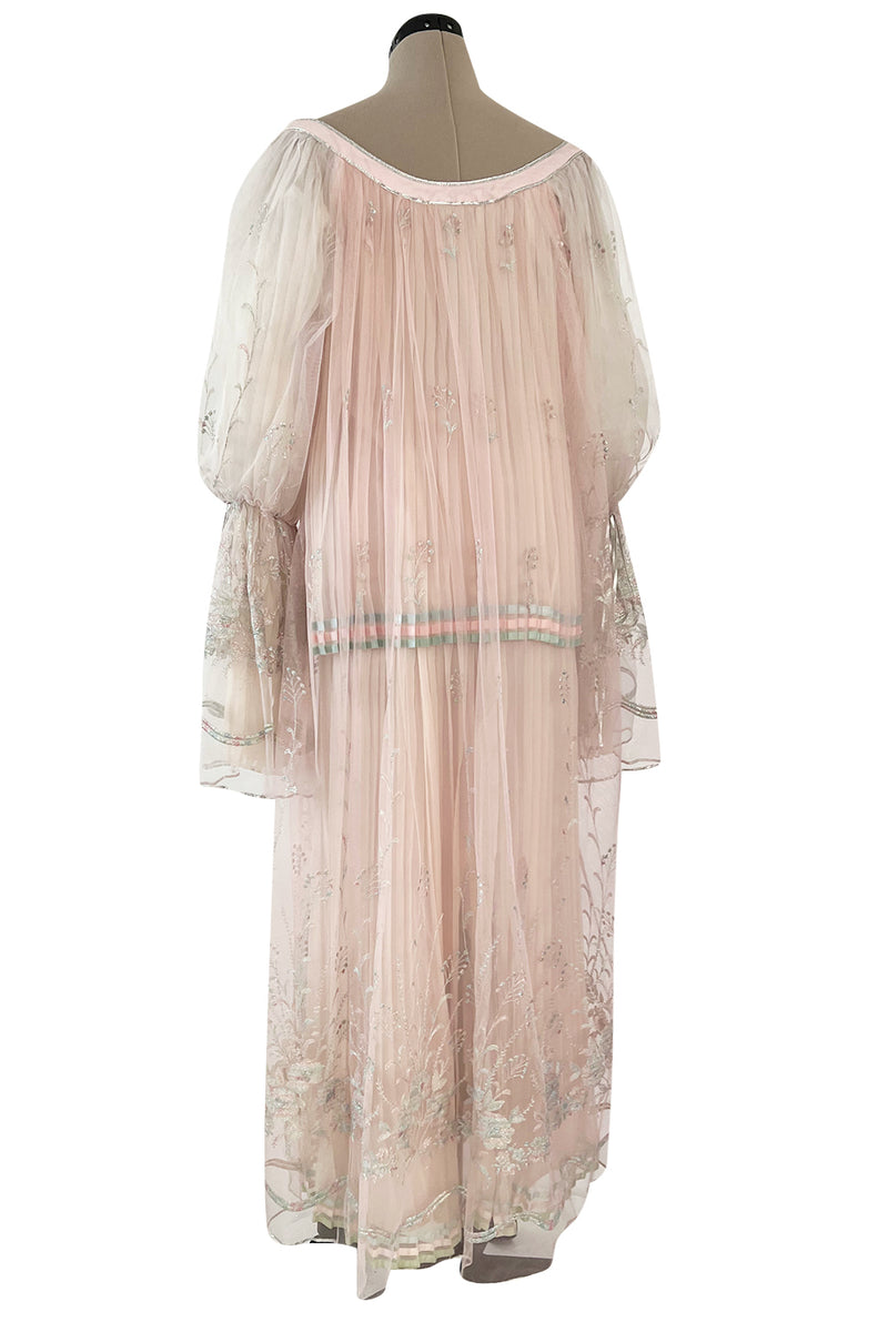 1976 Bill Gibb Couture Pleated Silk Chiffon Skirt w Metallic Thread Embroidered Silk Net Coat