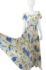 1930s Puffed Sleeve Floral Silk Chiffon Gown