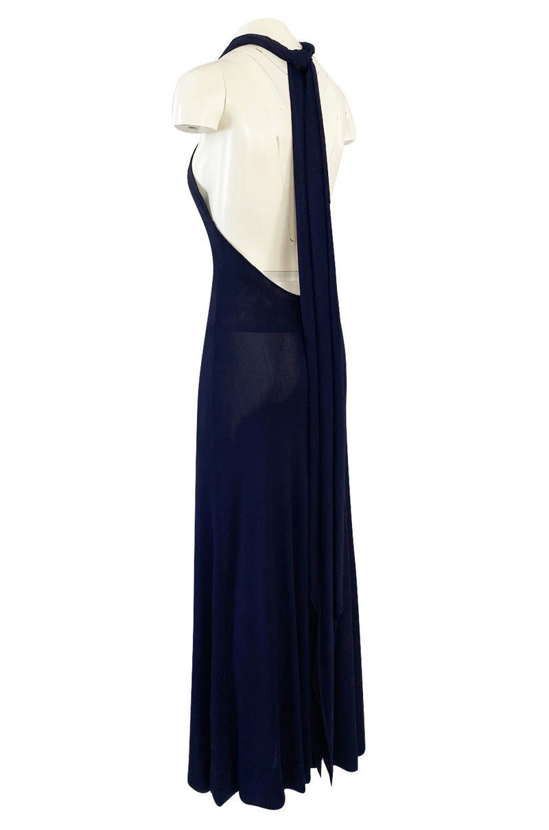 Important 1977 Halston Couture Navy Multi-Way Silk Jersey Plunge Dress w Extra Long Ties