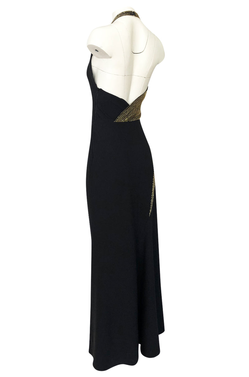 Fall 1973 Karl Lagerfeld for Chloe Black Silk Dress w Gold Beaded Bodice