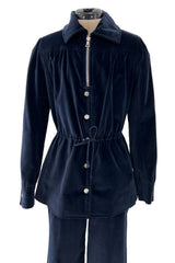 Numbered 1970s Andre Courreges Deep Blue Velvet Zip Jacket & Wide Legged Pant Set