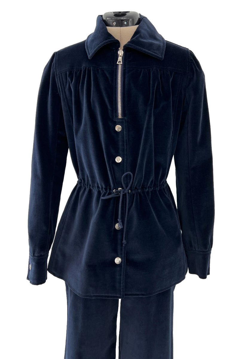 Numbered 1970s Andre Courreges Deep Blue Velvet Zip Jacket & Wide Legged Pant Set