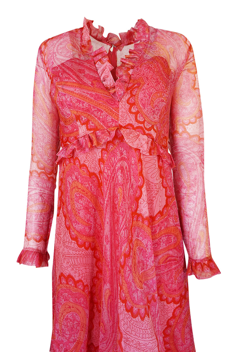 c.1976 Nina Ricci Silk Voile Pink Paisley Print Ruffle Trim Dress