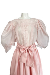 1980s Oscar de la Renta Pale Pink Taffeta, Lace & Chiffon Pouf Sleeve Dress