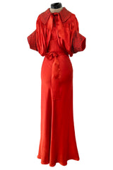 Gorgeous 1930s Coral Red Bias Cut Dress w Back Cut Outs & Matching Beaded Jacket
