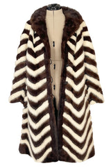 Wonderful 1960s Mink Coat w a Deep Brown Chocolate & Ivory Fur & Leather Chevron Pattern