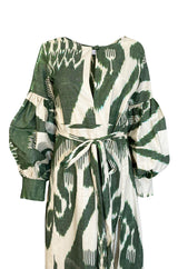 2018 Zazi Handmade Vintage Green & Ivory Cotton Ikat Caftan Dress