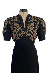 Stunning 1930s Unlabeled Moss Silk Crepe Dress w Dense Beading Sequin & Gold Thread Embroidery