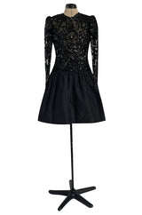 1980s Ady Couture Lausanne Black Lace & Sequin Black Dress w Dropped Full Skirt