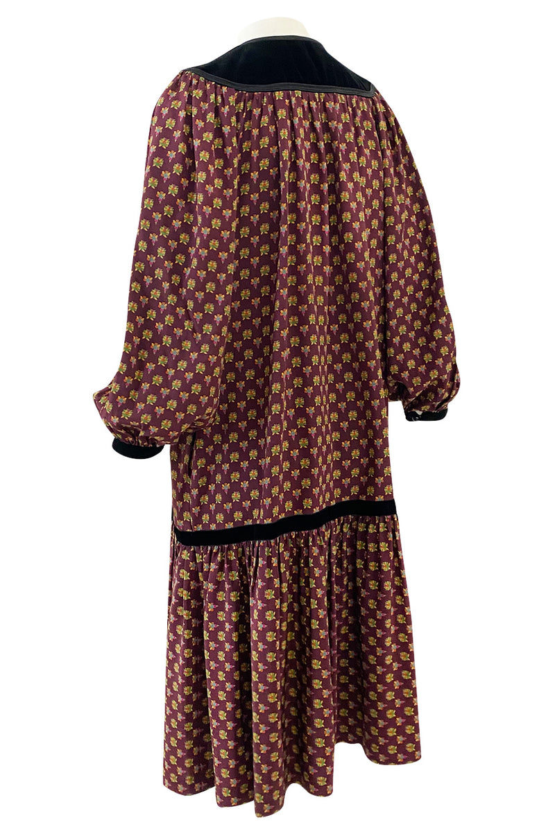 Fall 1977 Yves Saint Laurent Pretty Floral Printed Silk Smock Dress w Velvet Detailing
