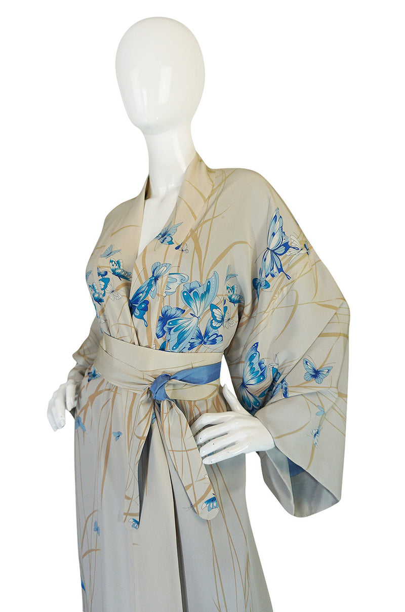 1970s Hanae Mori Palest Blue Butterfly Silk Kimono