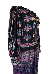 Unusual 1970s Paganne Smocked Jersey Printed Maxi Dress