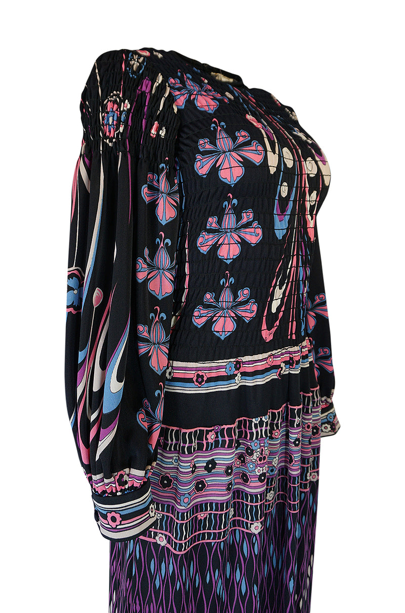 Unusual 1970s Paganne Smocked Jersey Printed Maxi Dress