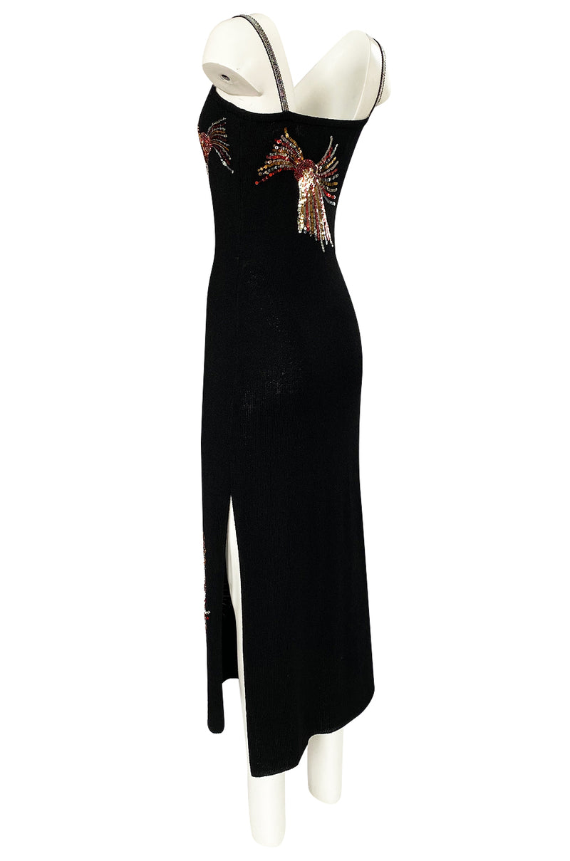 Stunning 1970s w Sequin Couture Shrimpton & Dress Knit Detailing Adolfo Black Rhinestone –