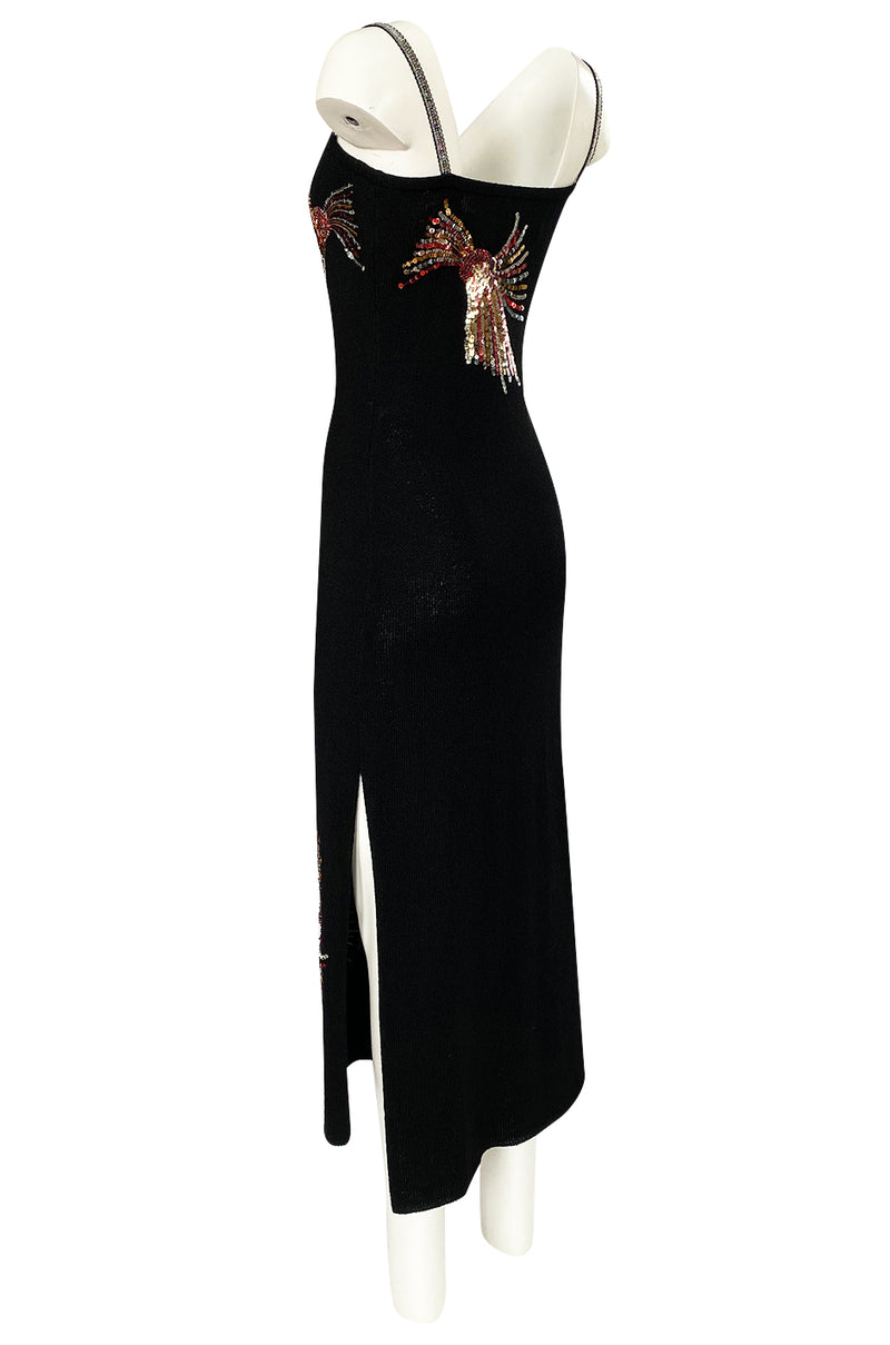 Stunning 1970s Adolfo Black Knit w Sequin & Rhinestone Detailing Dress