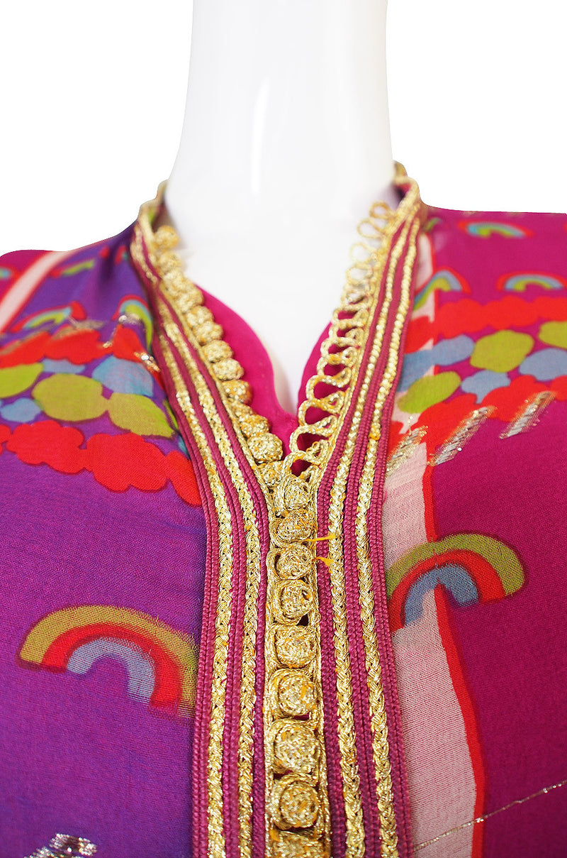 1960s Vivid Pink Silk and Gold Braid Rainbow Caftan