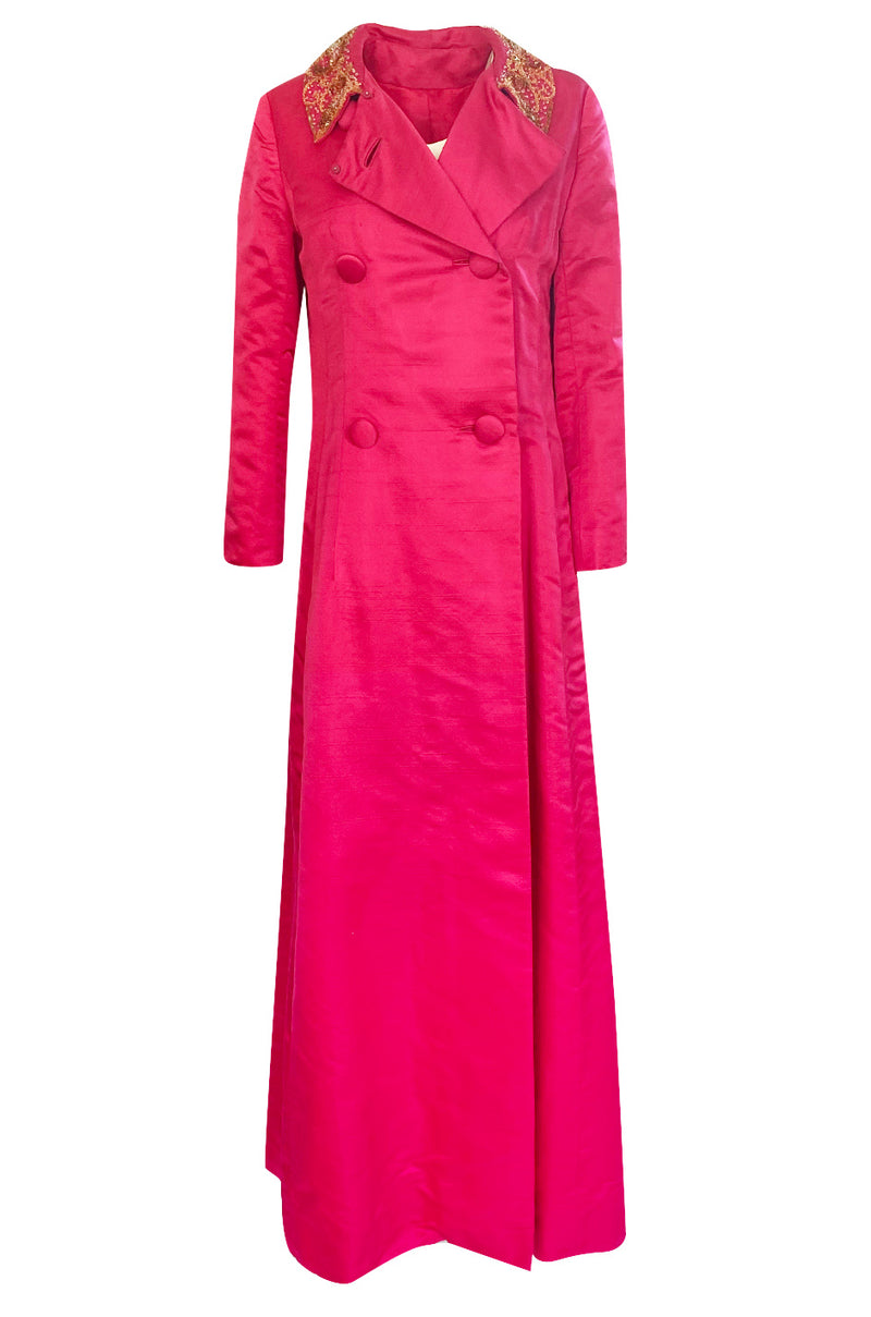 1960s Unlabeled Malcolm Starr Pink Silk Satin Full Length Evening Coat