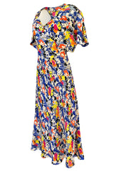 1930s Unlabeled Bias Cut Floral Print Silk Crepe Dress & Crop Jacket