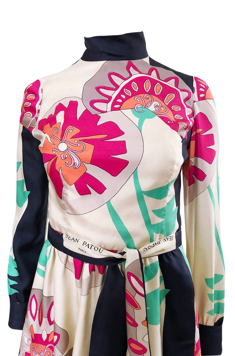 1960s Jean Patou Couture Signed Scarf Print Silk Twill Mini Dress