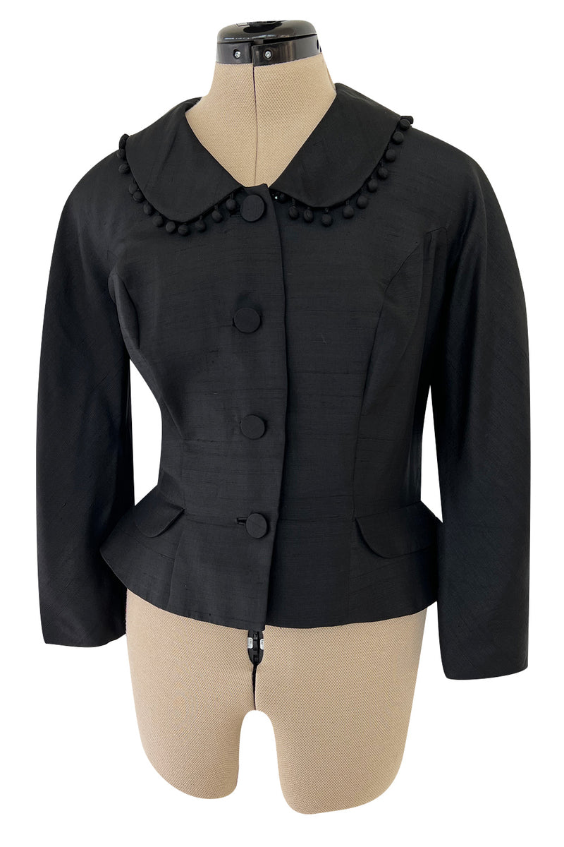 Gorgeous 1950s Unlabeled Black Silk Jacket w Silk Ball Fringe Detailing