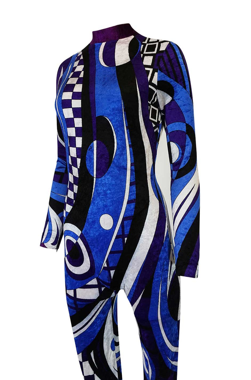 Rare 1970s Emilio Pucci Blue Print Velvet Stretch Catsuit w Stirrups