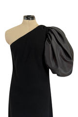 Fabulous 1980s Bill Blass One Shoulder Black Crepe & Taffeta Puff Sleeve Dress