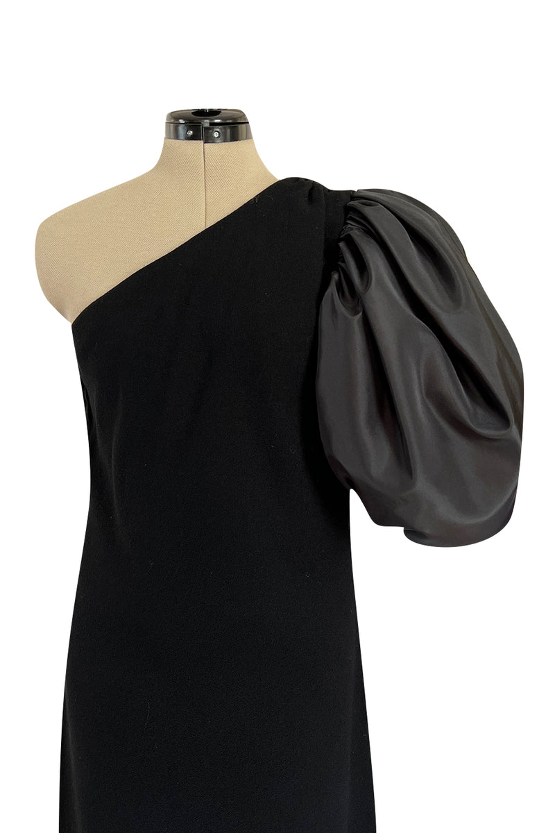 Fabulous 1980s Bill Blass One Shoulder Black Crepe & Taffeta Puff Sleeve Dress