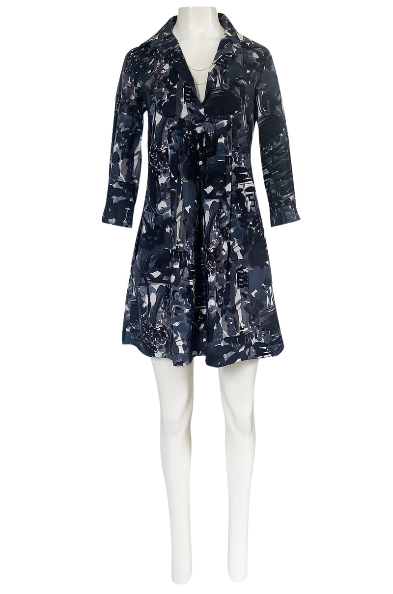 Spring 2006 Marni Blue & Grey Cotton Print Baby Doll Mini Dress