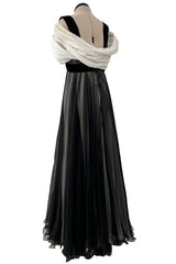 Stunning Spring 1986 Jacqueline de Ribes Black & Ivory Bias Cut Silk Chiffon Dress
