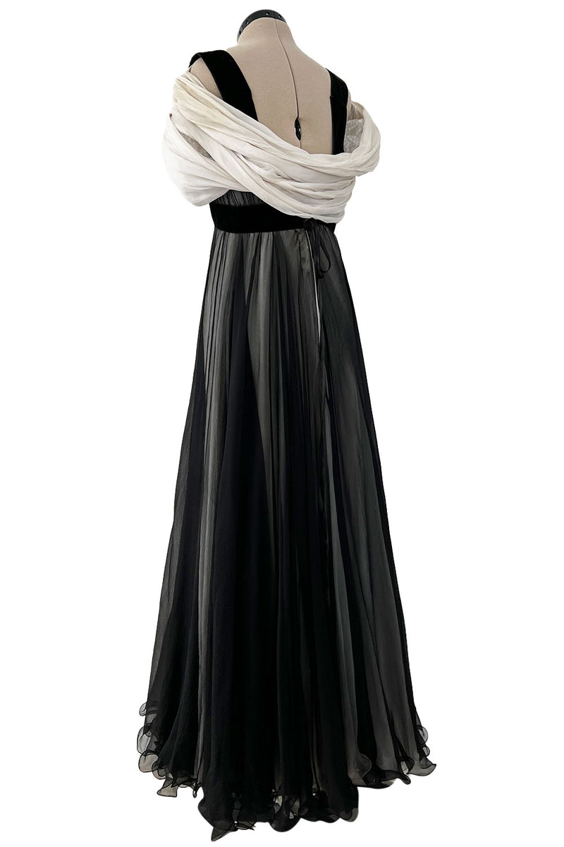 Stunning Spring 1986 Jacqueline de Ribes Black & Ivory Bias Cut Silk Chiffon Dress