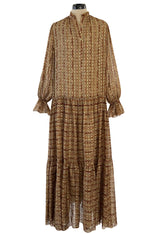 Fall 1977 Oscar De La Renta Feather Light Metallic Chiffon Dress & Extra Long Sash