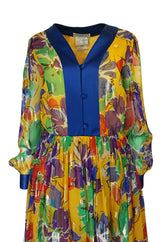1970s Givenchy Silk Chiffon Floral & Metallic Heart Print Dress