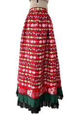 Early 1970s Lanvin by Jules-Francois Crahay Demi-Couture Printed Red Silk Skirt w Green & Lace Edging