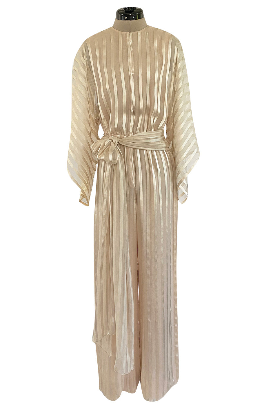 Important & Rare Resort 1976 Halston Couture Ivory Silk Ribbon Chiffon Jumpsuit w Original Sash