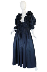 1980s Bill Blass Midnight Blue Silk Taffeta Plunging Ruffled Dress